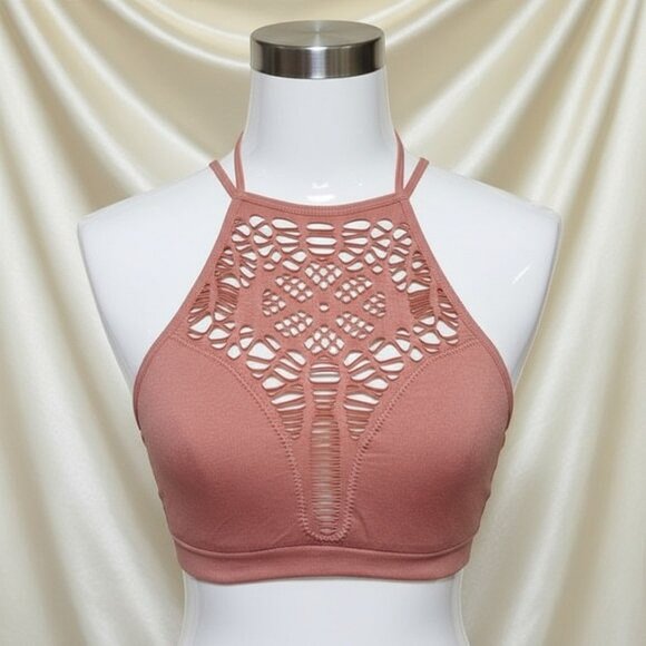 🆕️ Romantic Boho Chic Dusty Pink Floral Strappy Back High Neck Bralette Sz XS/S - Picture 3 of 13